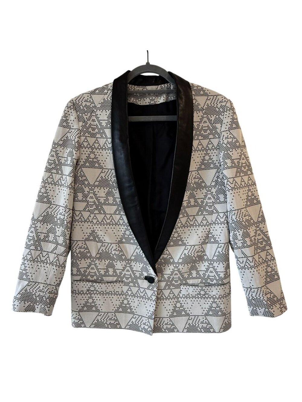Serrano Size L Geometric Print Blazer With Leather Lapel Single Button Closure